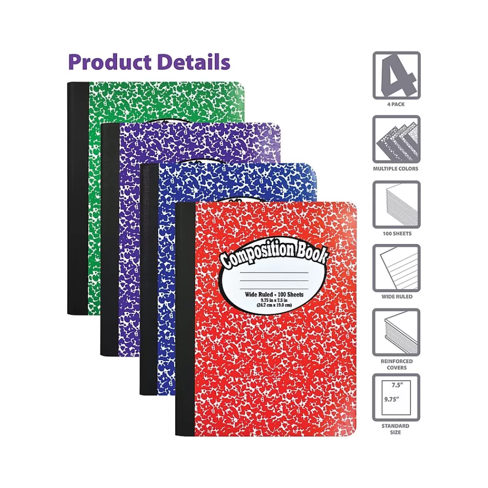 Better Office Composition Notebooks<1-Subject Composition Notebooks, 7.5" x 9.75", Wide Ruled, 100 Sheets, Assorted Colors, 4/Pack (25204-4PK)