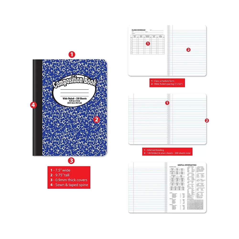 Better Office Composition Notebooks<1-Subject Composition Notebooks, 7.5" x 9.75", Wide Ruled, 100 Sheets, Assorted Colors, 12/Pack (25212-12PK)