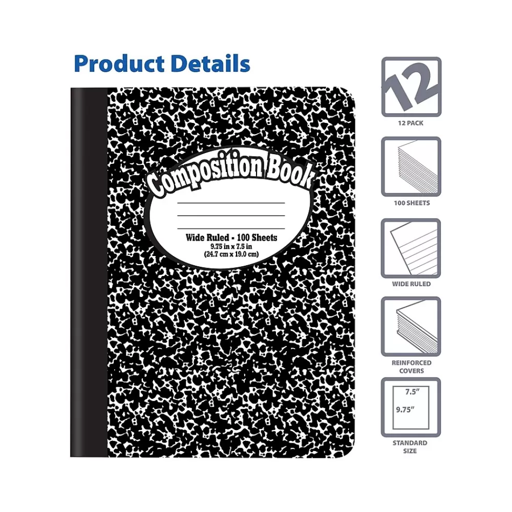 Better Office Composition Notebooks<1-Subject Composition Notebooks, 7.5" x 9.75", Wide Ruled, 100 Sheets, Black, 12/Pack (25112-12PK)