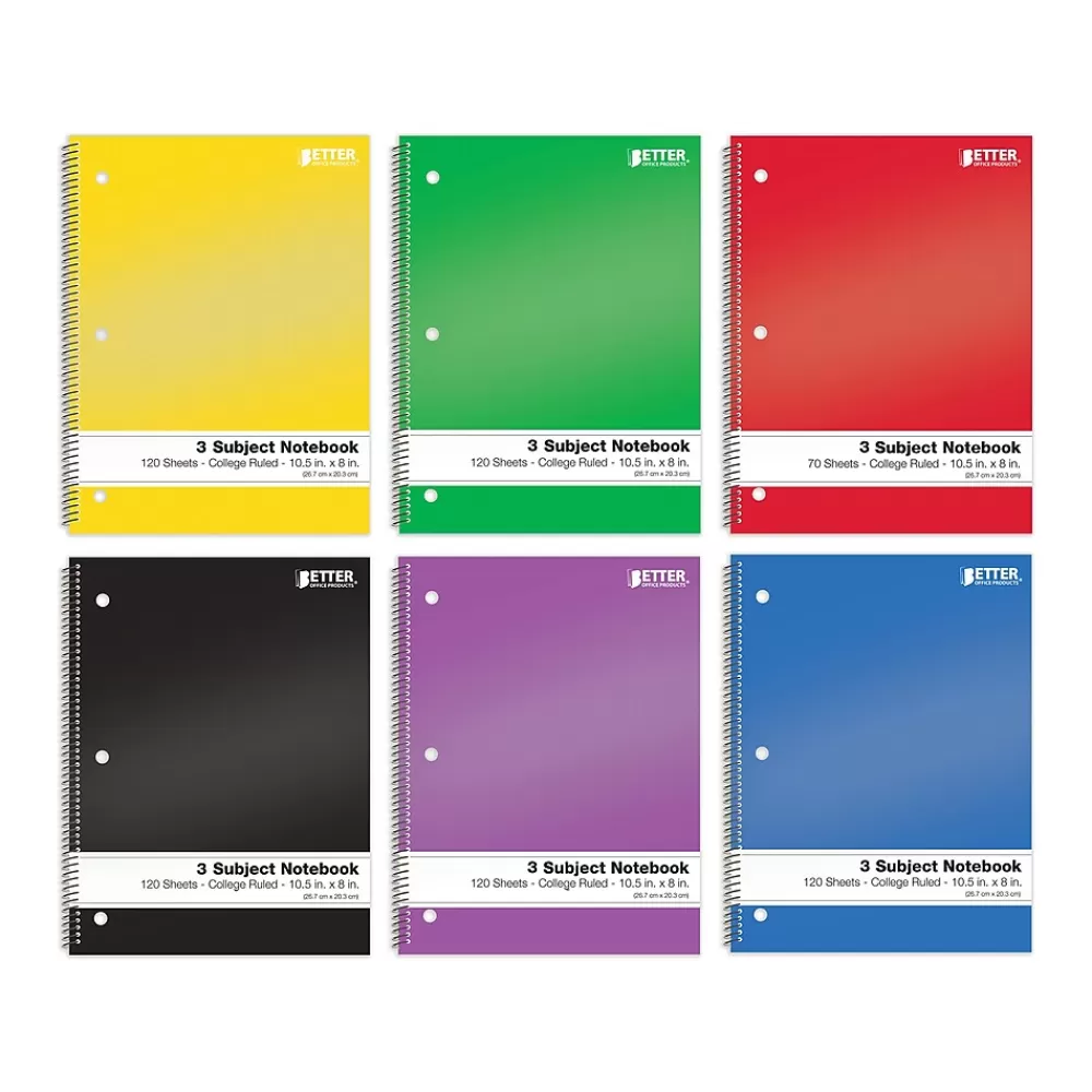 Better Office Subject Notebooks<3-Subject Notebooks, 8" x 10.5", College Ruled, 120 Sheets, 6/Pack (25736-6PK)
