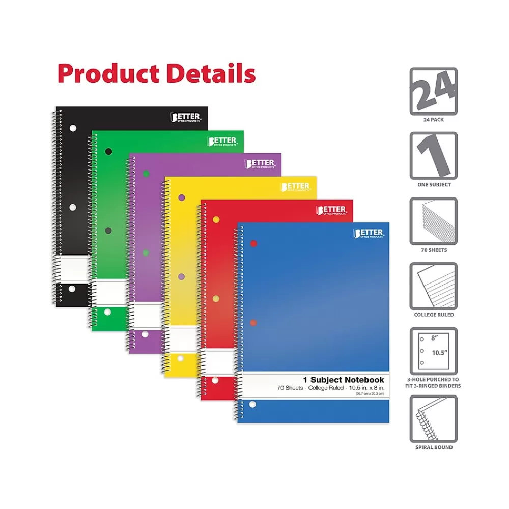 Better Office Subject Notebooks<1-Subject Notebooks, 8" x 10.5", College Ruled, 70 Sheets, 24/Pack (25724-24PK)