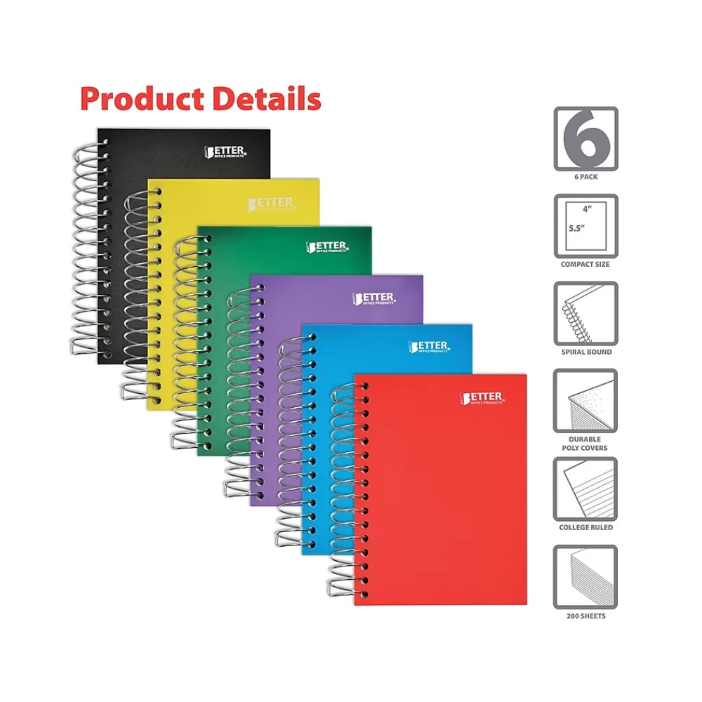 Better Office Subject Notebooks<1-Subject Notebooks, 4" x 5.5", College Ruled, 200 Sheets, 6/Pack (25906-6PK)