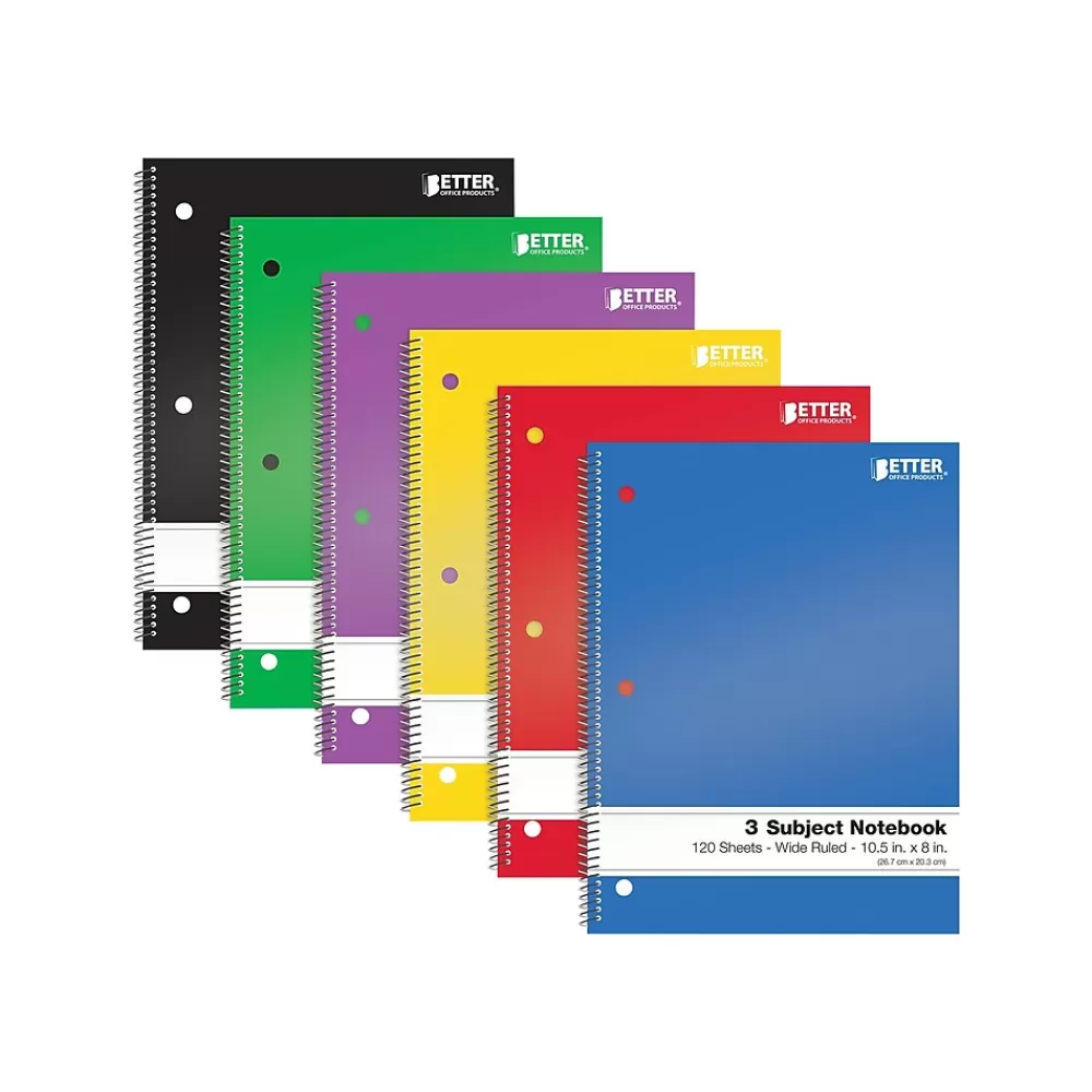 Better Office Subject Notebooks<3-Subject Notebooks, 8" x 10.5", Wide Ruled, 120 Sheets, 6/Pack (25636-6PK)