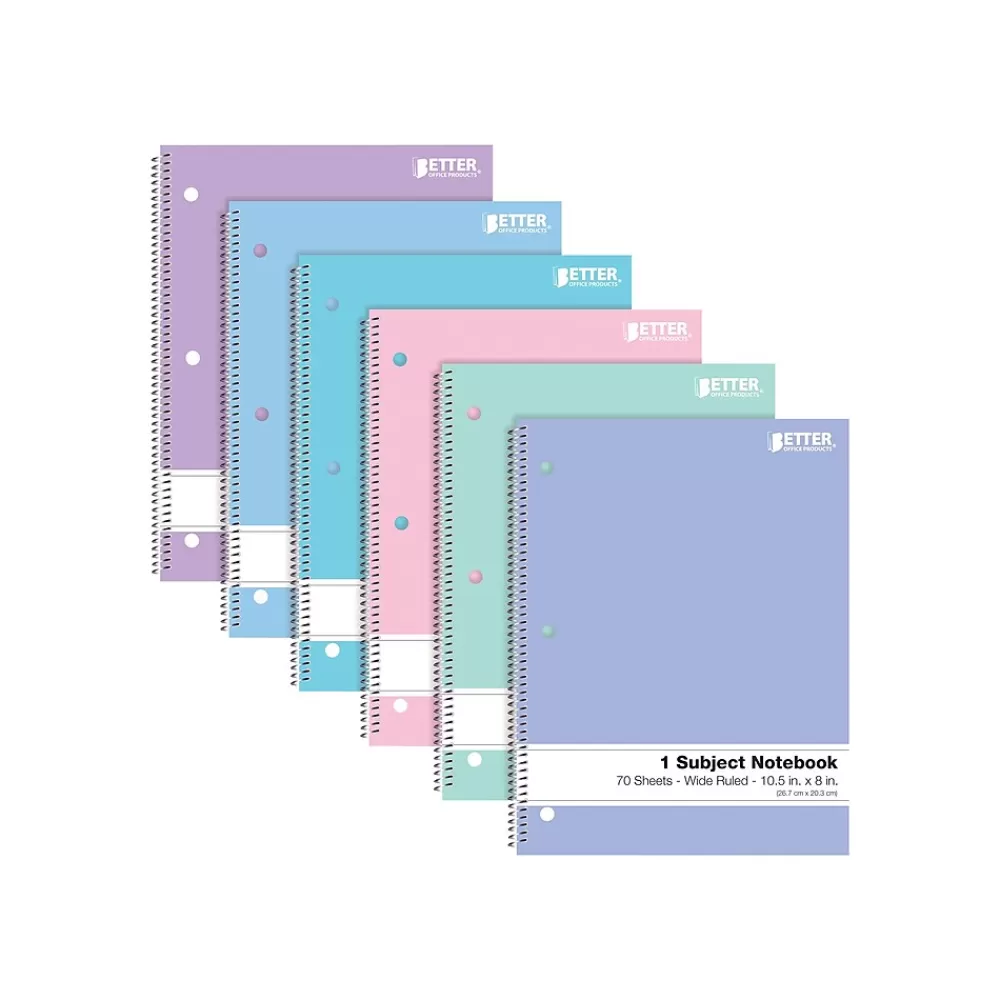 Better Office Subject Notebooks<1-Subject Notebooks, 8" x 10.5", Wide Ruled, 70 Sheets, 6/Pack (25626-6PK)