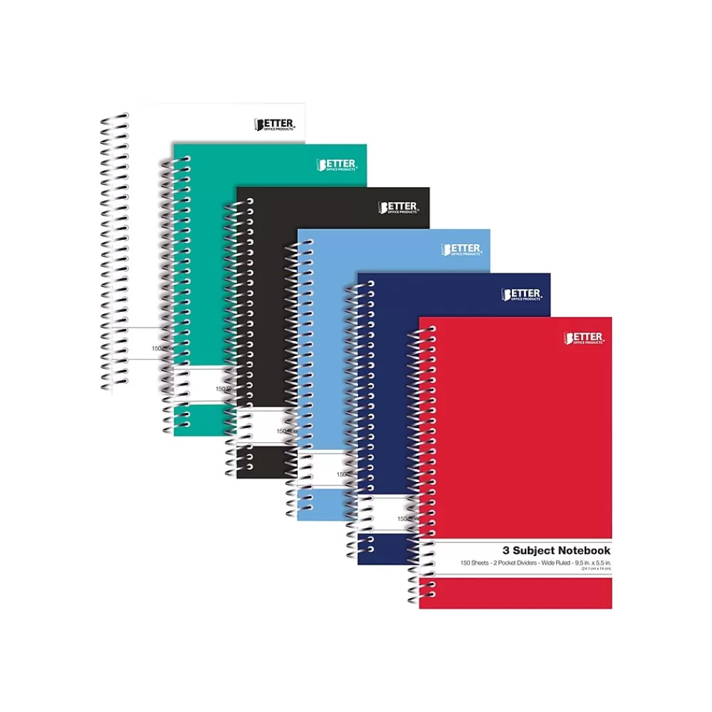 Better Office Subject Notebooks<3-Subject Notebooks, 5.5" x 9.5", Wide Ruled, 150 Sheets, 6/Pack (25646-6PK)