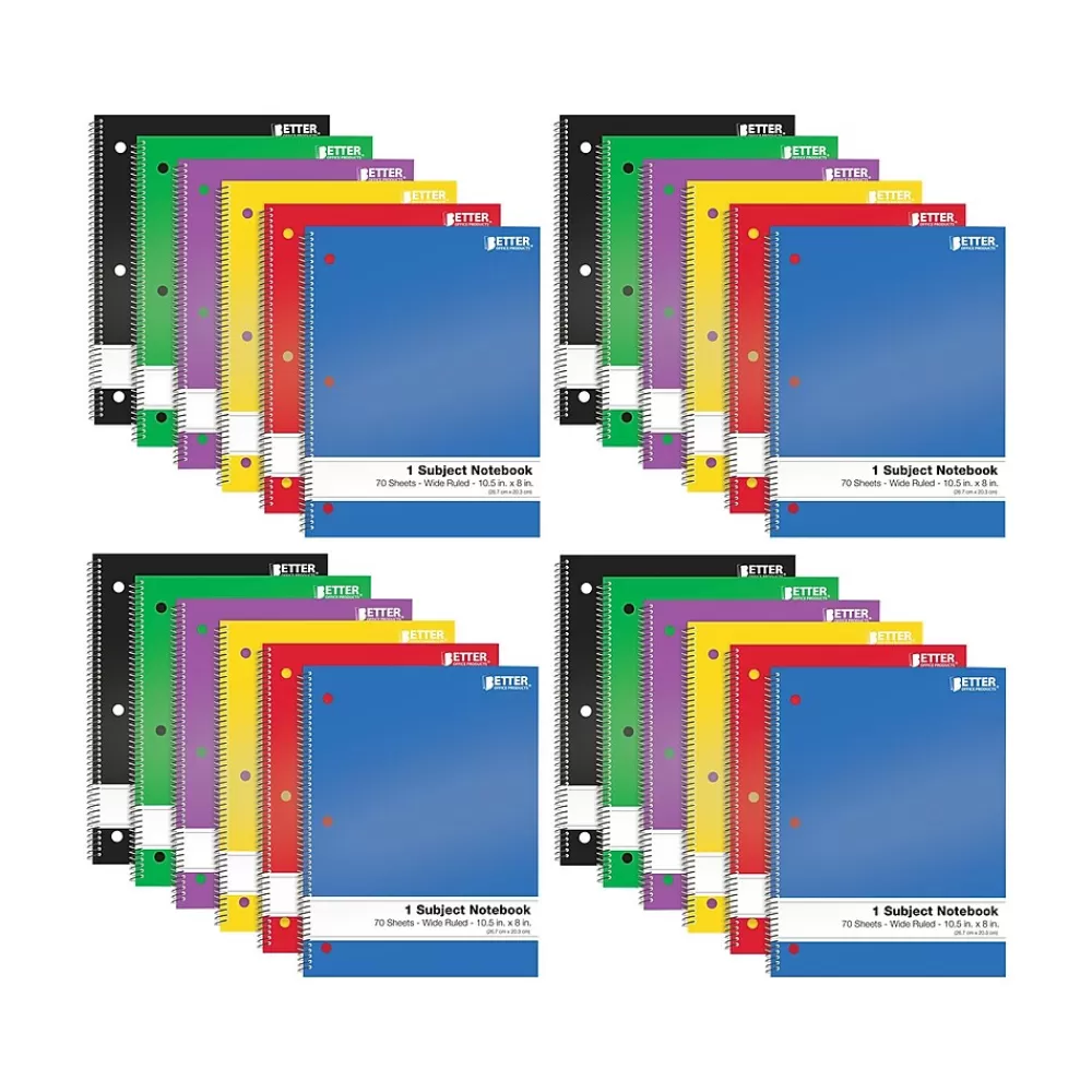 Better Office Subject Notebooks<1-Subject Notebooks, 8" x 10.5", Wide Ruled, 70 Sheets, 24/Pack (25624-24PK)