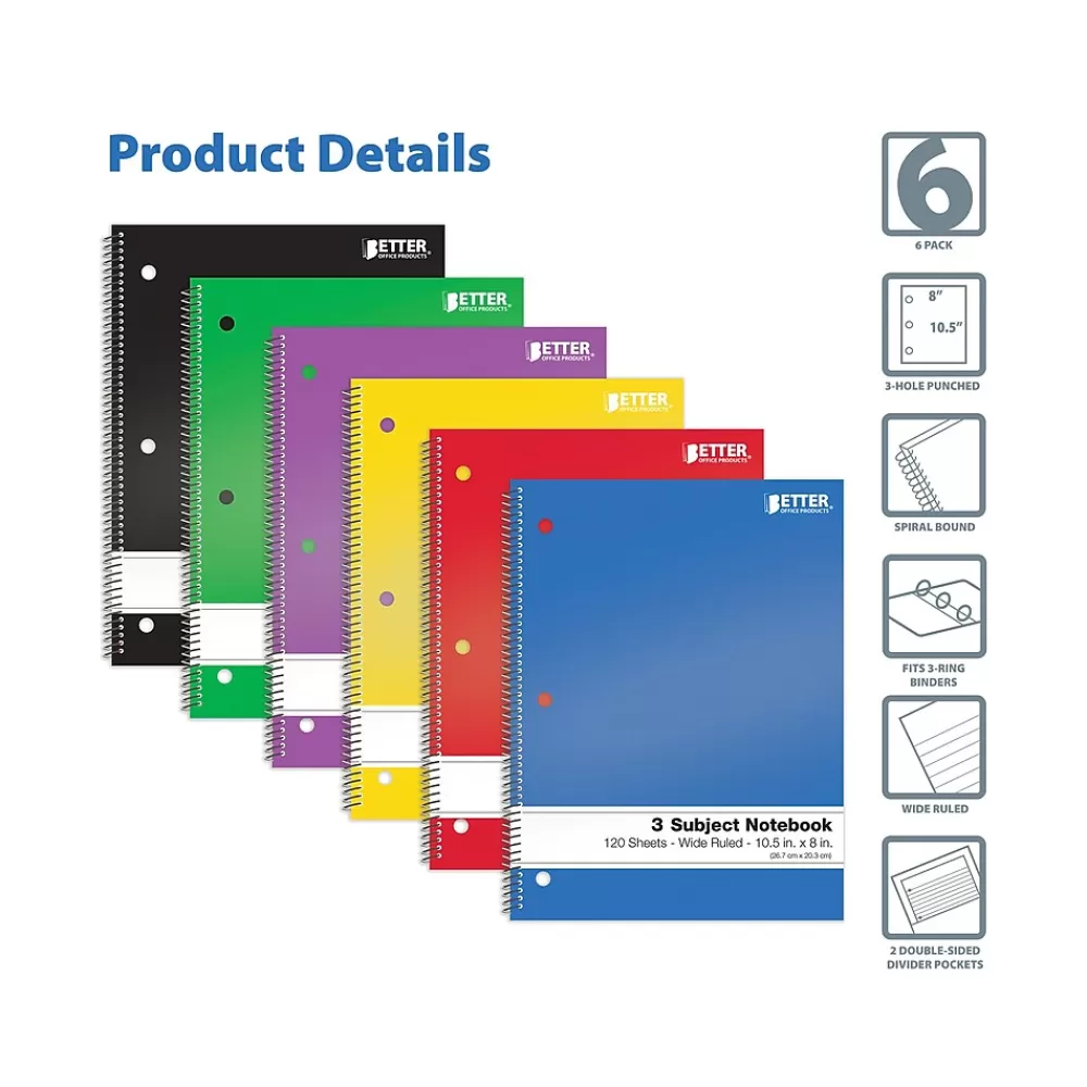 Better Office Subject Notebooks<3-Subject Notebooks, 8" x 10.5", Wide Ruled, 120 Sheets, 6/Pack (25636-6PK)