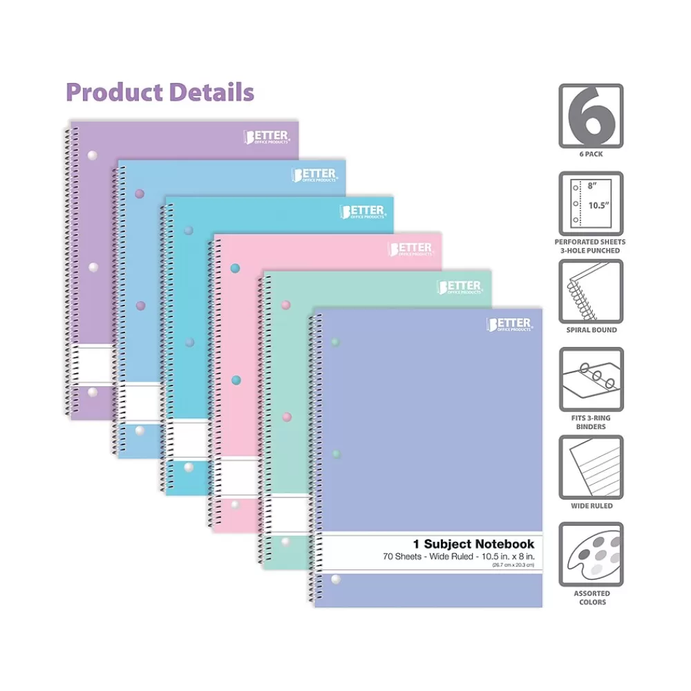 Better Office Subject Notebooks<1-Subject Notebooks, 8" x 10.5", Wide Ruled, 70 Sheets, 6/Pack (25626-6PK)