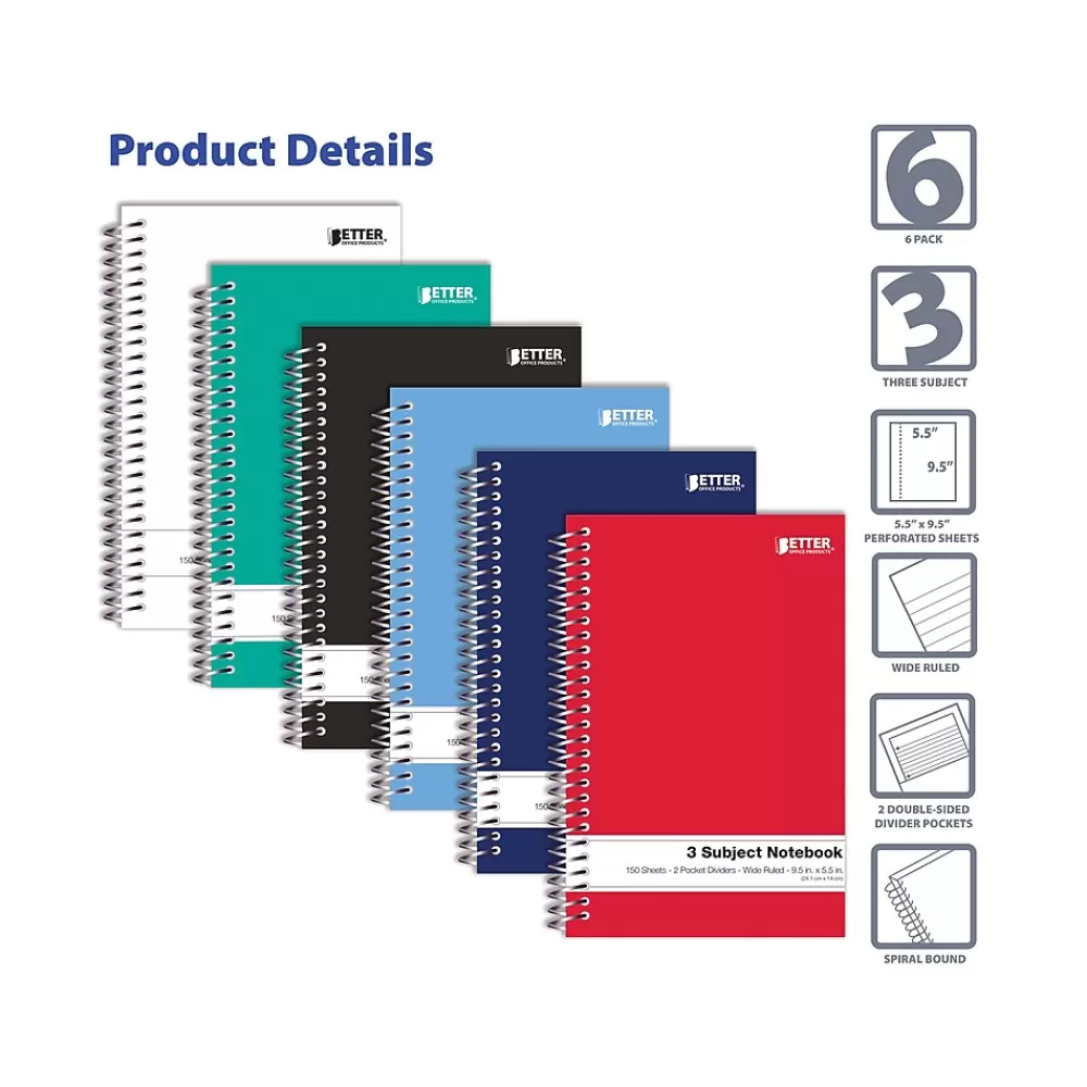 Better Office Subject Notebooks<3-Subject Notebooks, 5.5" x 9.5", Wide Ruled, 150 Sheets, 6/Pack (25646-6PK)