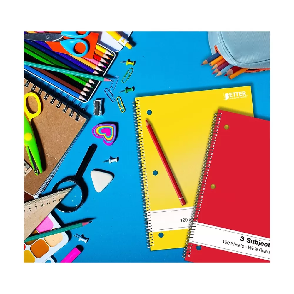 Better Office Subject Notebooks<3-Subject Notebooks, 8" x 10.5", Wide Ruled, 120 Sheets, 6/Pack (25636-6PK)