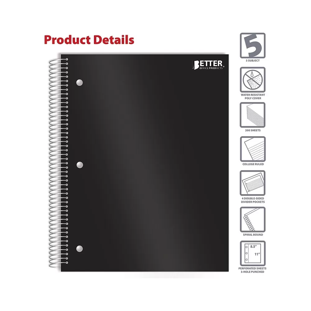 Better Office Subject Notebooks<5-Subject Subject Notebooks, 8.5" x 11", College Ruled, 200 Sheets, Black (25781)