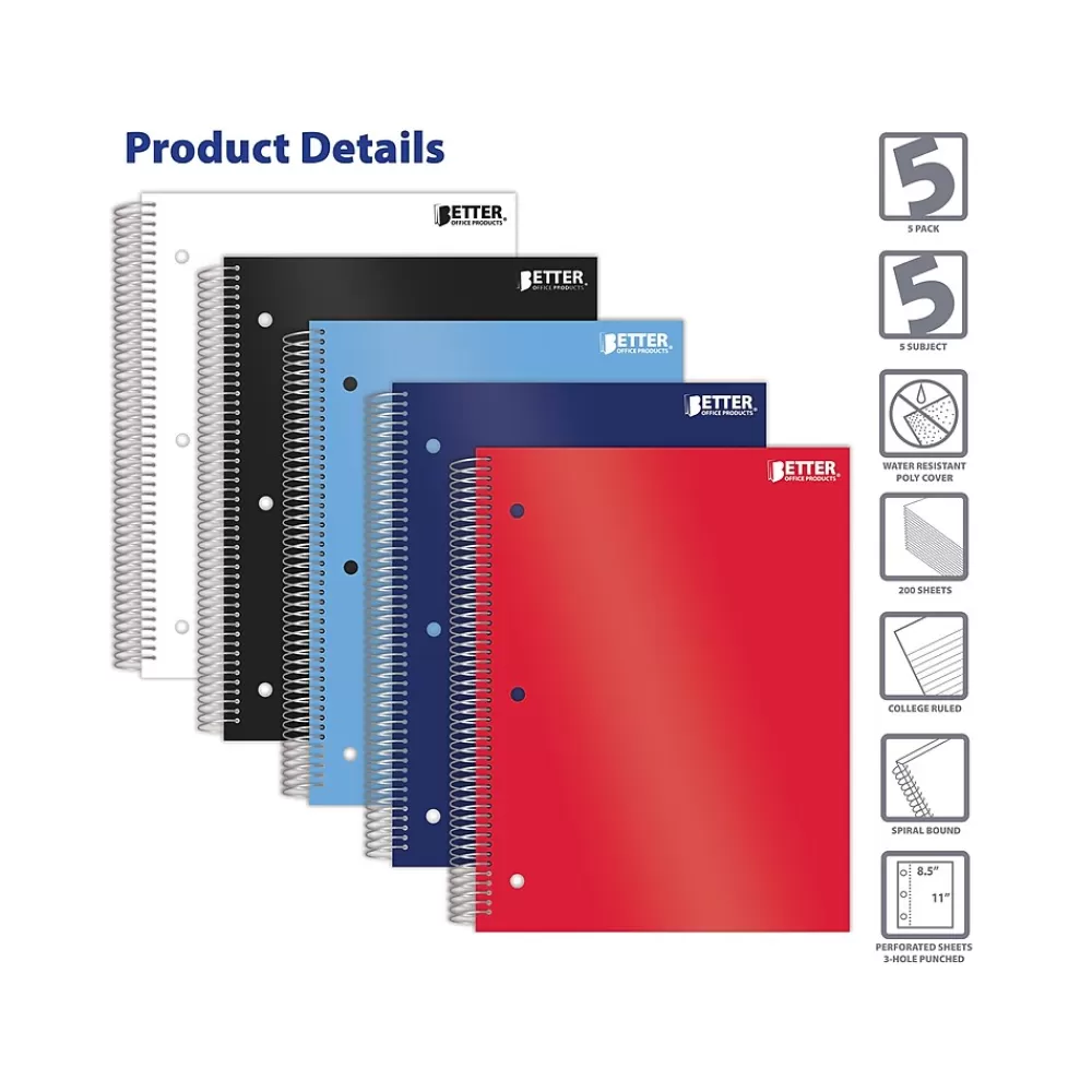 Better Office Subject Notebooks<5-Subject Subject Notebooks, 8.5" x 11", College Ruled, 200 Sheets, 5/Pack (25785-5PK)