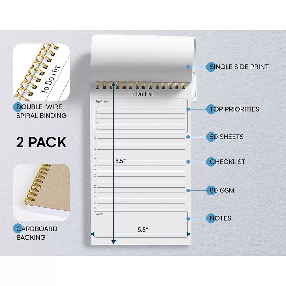 Better Office Notepads<To-Do List Notepad, 5.5" x 8.5", Ruled, White, 50 Sheets/Pad, 2 Pads/Pack (25824-2PK)