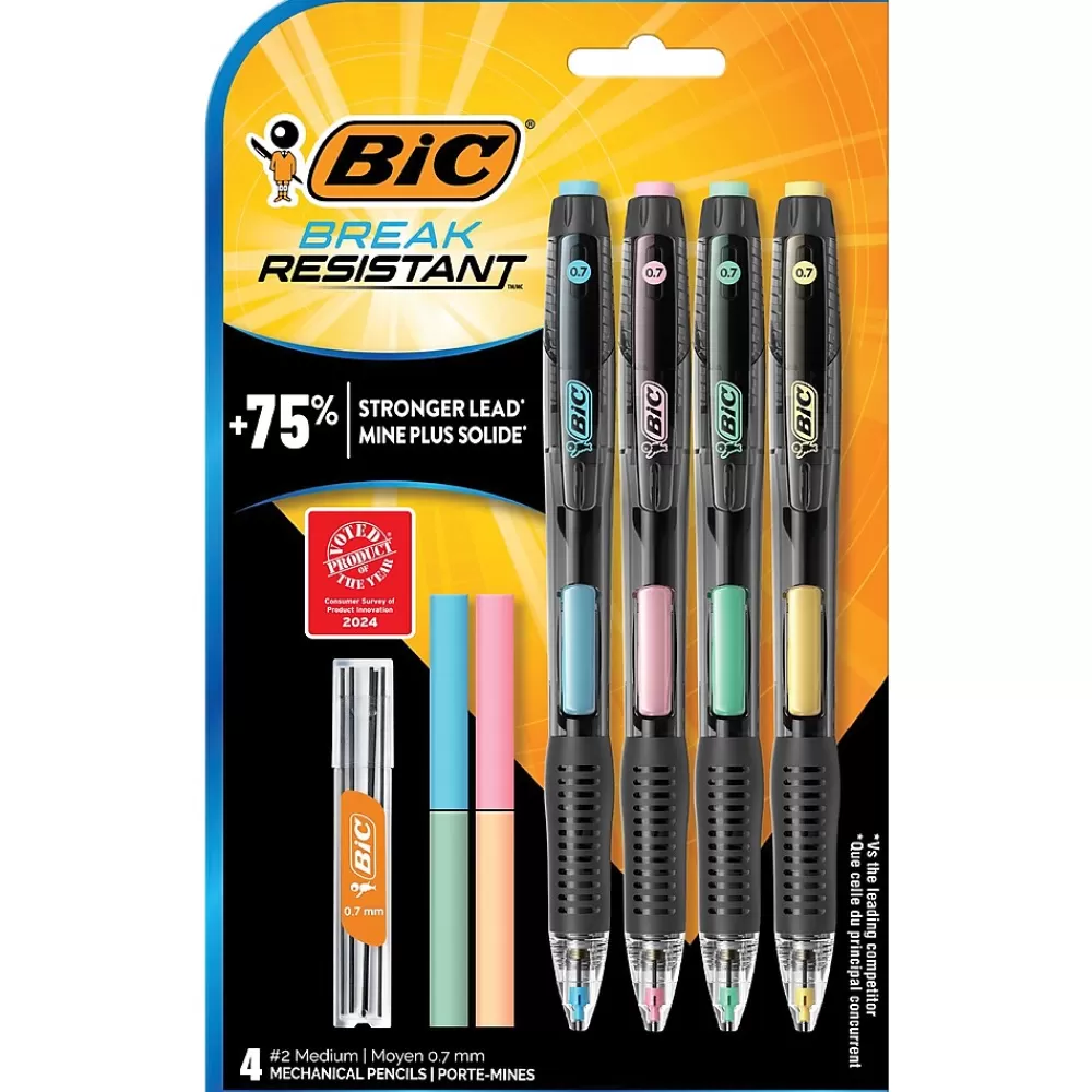 BIC Pencils<Break-Resistant Mechanical Pencils, 0.7mm, #2 Medium Lead, 4/Pack (MV7PRP4-BLK)