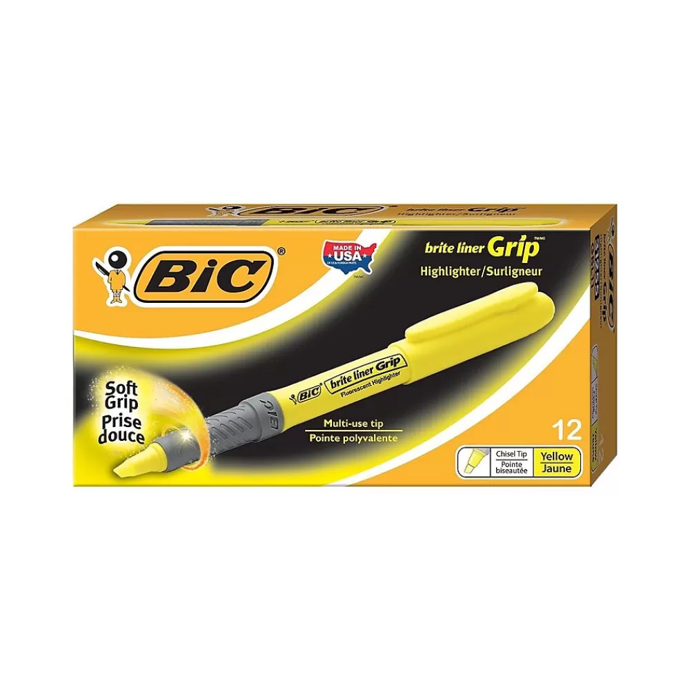 BIC Highlighters<Brite Liner Grip Stick Highlighters, Chisel, Yellow, Dozen (31255)