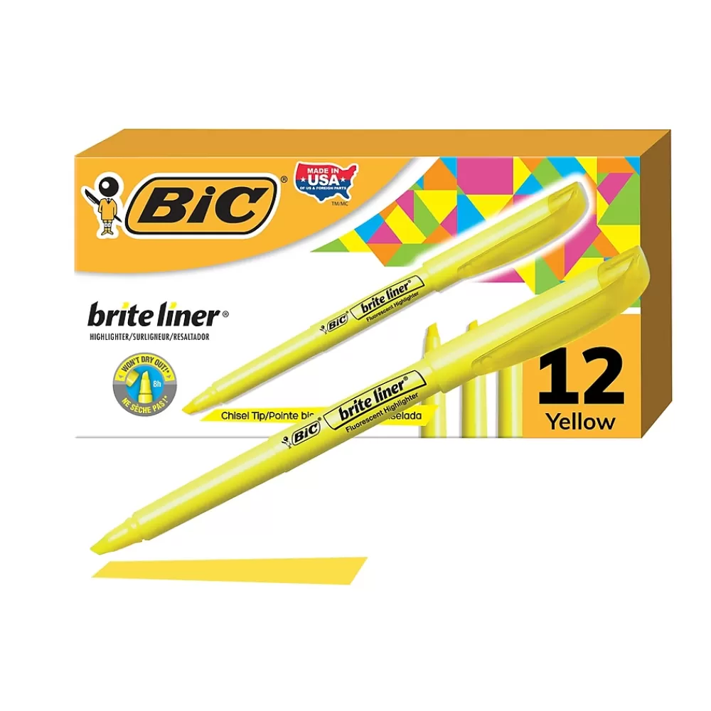 BIC Highlighters<Brite Liner Stick Highlighter, Chisel Tip, Yellow, Dozen (65550)