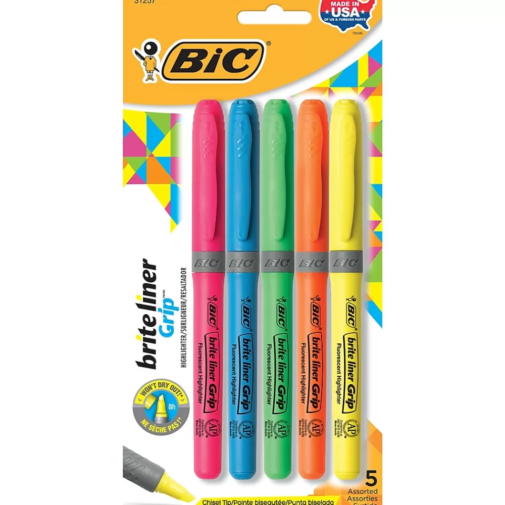 BIC Highlighters<Brite Liner Stick Highlighter with Grip, Chisel Tip, Assorted, 5/Pack (31257)