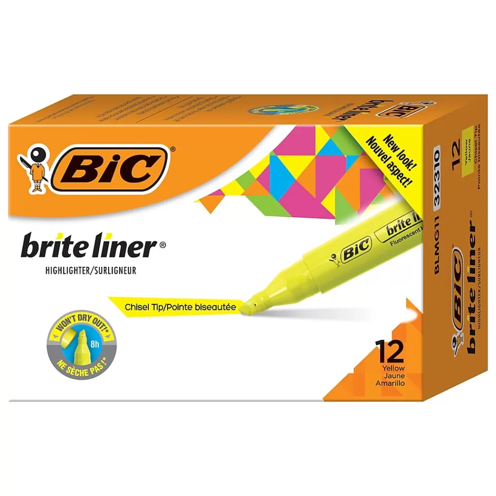 BIC Highlighters<Brite Liner Stick Highlighters with Grip, Chisel Tip, Yellow, Dozen (BLMG11-YEL)