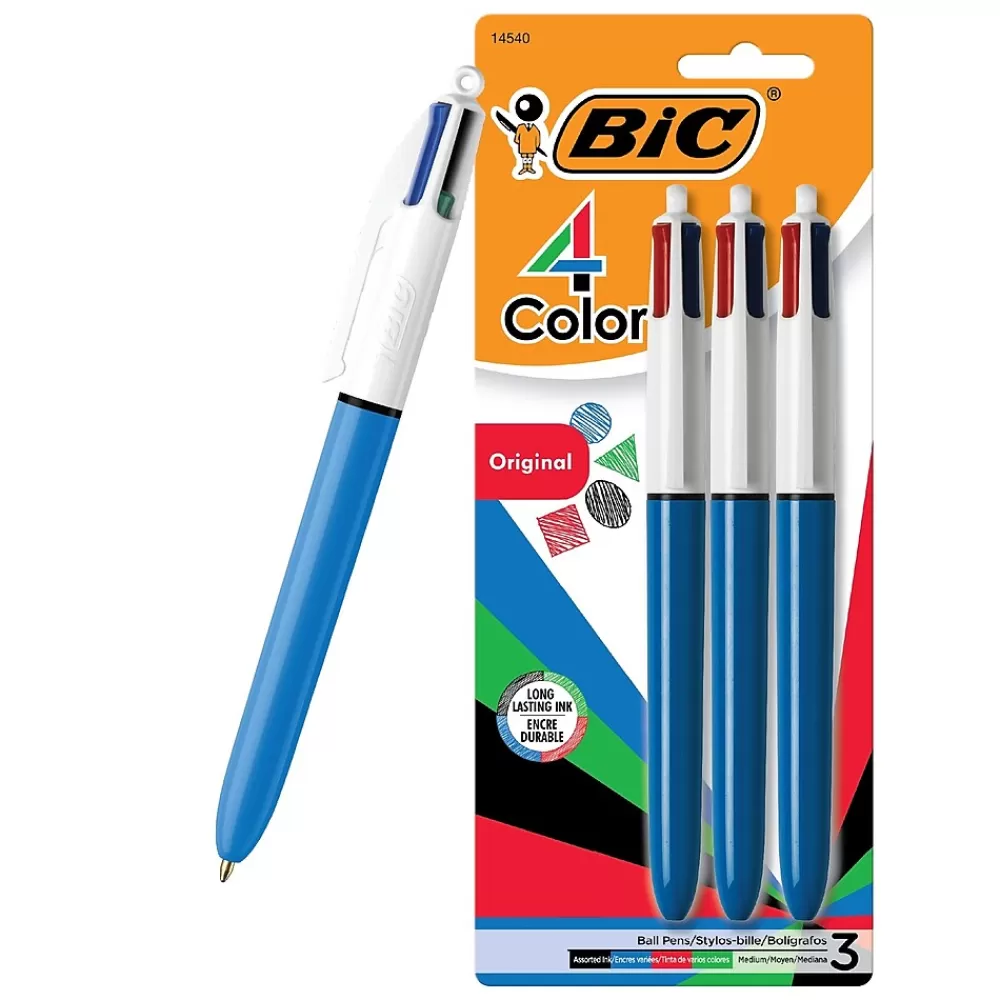 BIC Pens<4-Color Retractable Ballpoint Pens, Medium Point, 1.4mm, Assorted Ink, 3/Pack (14540)