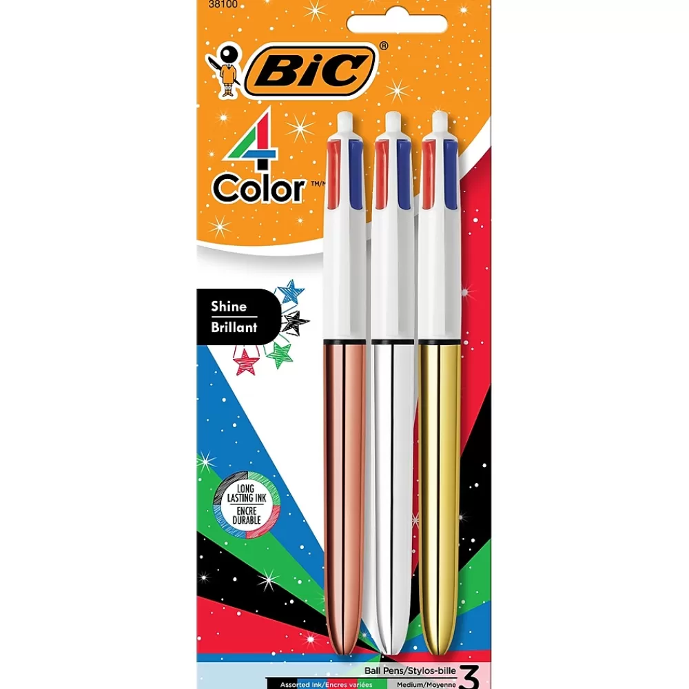 BIC Pens<4-Color Shine Retractable Ballpoint Pen, Medium Point, Assorted Ink, 3/Pack (MMMTP31-AST)