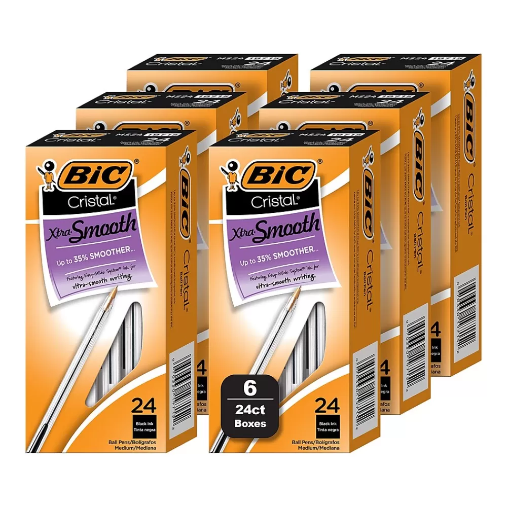 BIC Pens<Cristal Xtra Smooth Ballpoint Pen, Medium Point, Black Ink, 24/Box, 6 Boxes/Pack (MS144E-BLK)