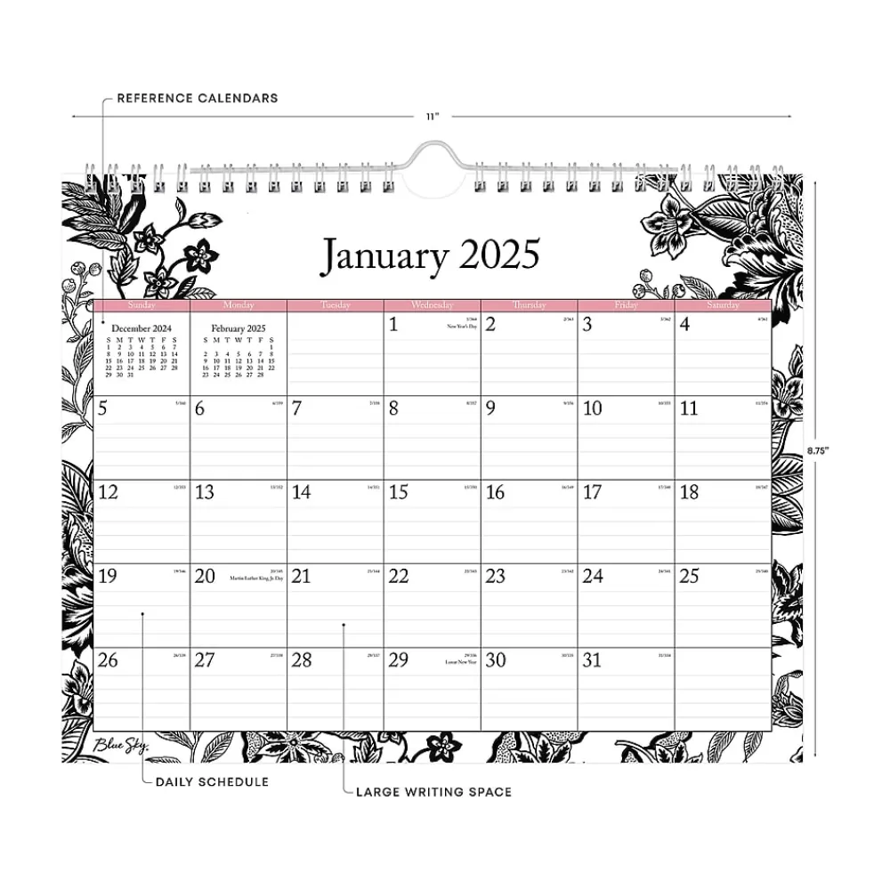 Blue Sky 2025 Calendars<2025 Analeis 11" x 8.75" Monthly Wall Calendar, White/Black (100028-25)