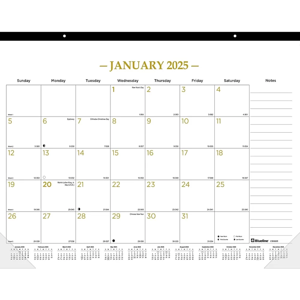 Blueline 2025 Calendars<2025 Colorful 22" x 17" Monthly Desk Pad Calendar, White/Gold (100024-25)