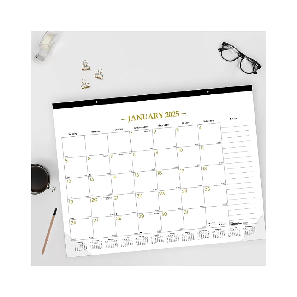 Blueline 2025 Calendars<2025 Colorful 22" x 17" Monthly Desk Pad Calendar, White/Gold (100024-25)