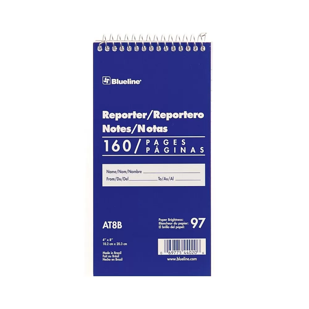 Blueline Notepads<Reporter Notepad, 4" x 8", Ruled, Blue, 80 Sheets/Pad (AT8B)