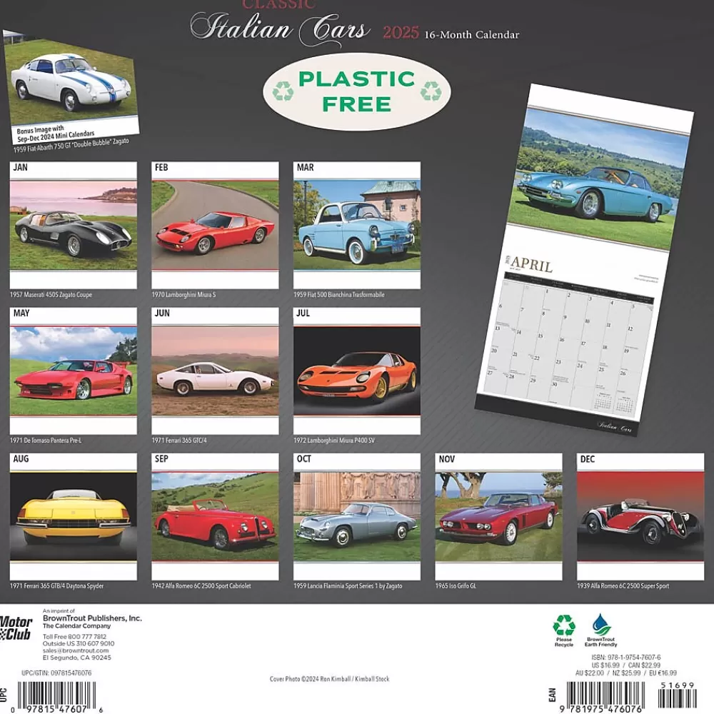 BrownTrout 2025 Calendars<2025 Brown Trout Motor Club Classic Italian Cars 12" x 12" Monthly Wall Calendar (9781975476076)