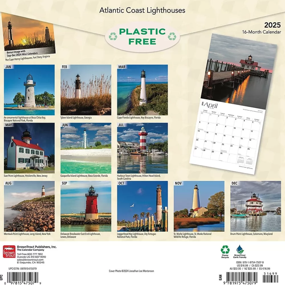 BrownTrout 2025 Calendars<2025 Atlantic Coast Lighthouses 12" x 12" Monthly Wall Calendar (9781975475079)