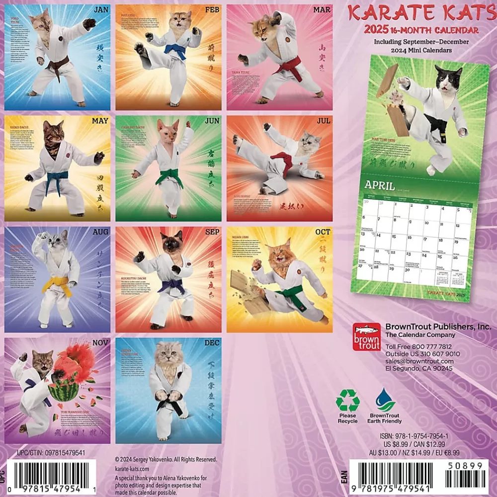 BrownTrout 2025 Calendars<2025 Karate Cats 7" x 14" Monthly Mini Wall Calendar, (9781975479541)