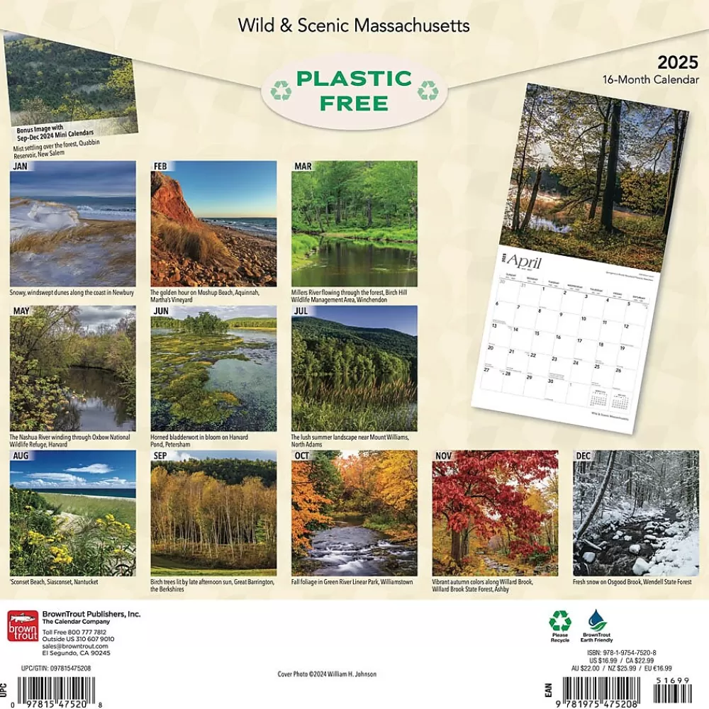 BrownTrout 2025 Calendars<2025 Massachusetts Wild & Scenic 12" x 12" Monthly Square Wall Calendar (9781975475208)