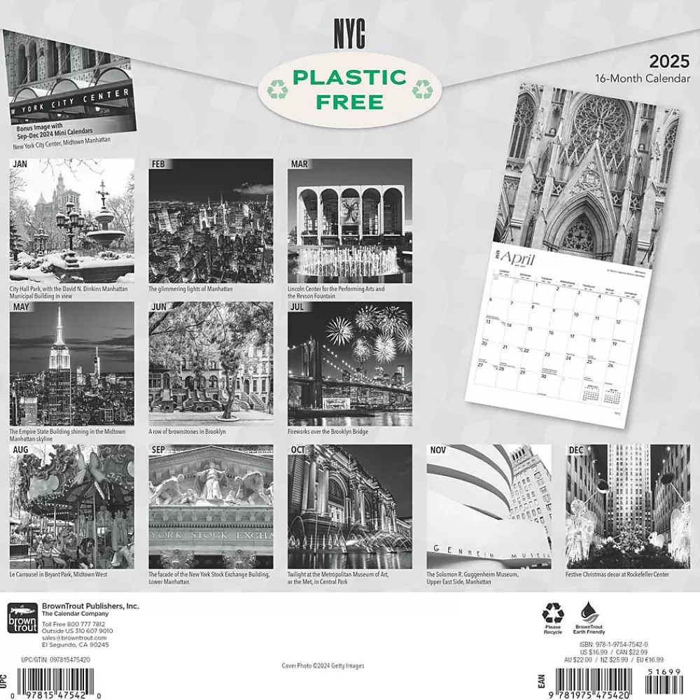 BrownTrout 2025 Calendars<2025 New York City Black & White 12" x 12" Monthly Square Wall Calendar (9781975475420)