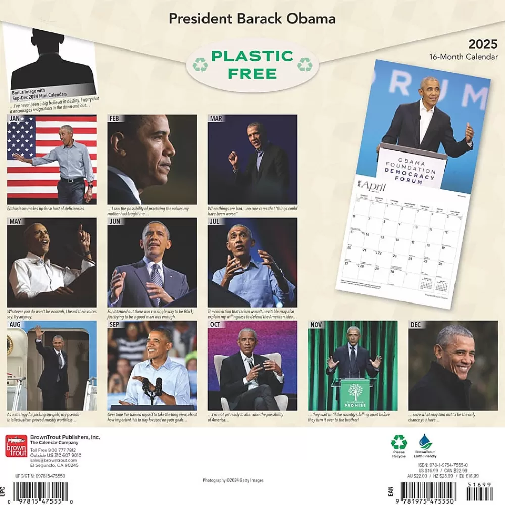 BrownTrout 2025 Calendars<2025 President Barack Obama 12" x 12" Monthly Wall Calendar (9781975475550)