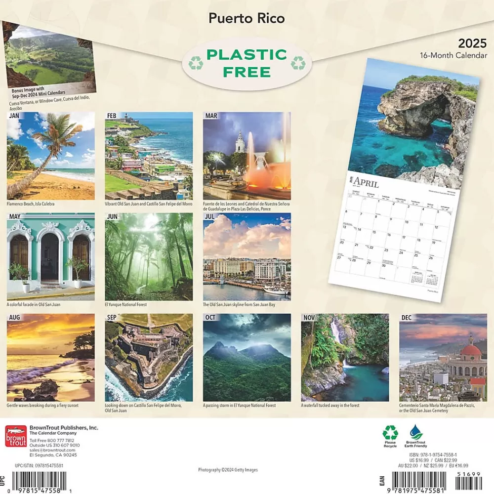 BrownTrout 2025 Calendars<2025 Puerto Rico 12" x 12" Monthly Wall Calendar (9781975475581)