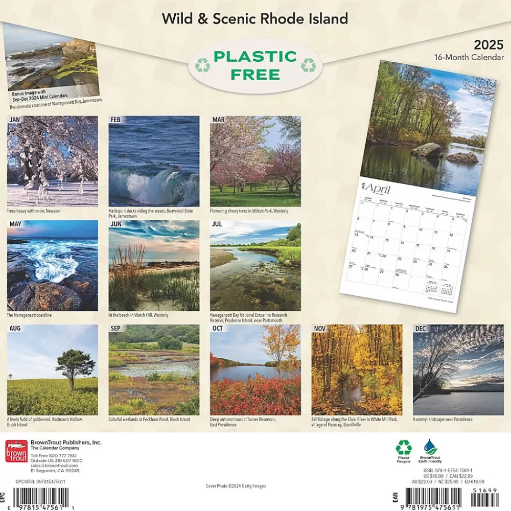 BrownTrout 2025 Calendars<2025 Rhode Island Wild & Scenic 12" x 24" Monthly Square Wall Calendar, (9781975475611)