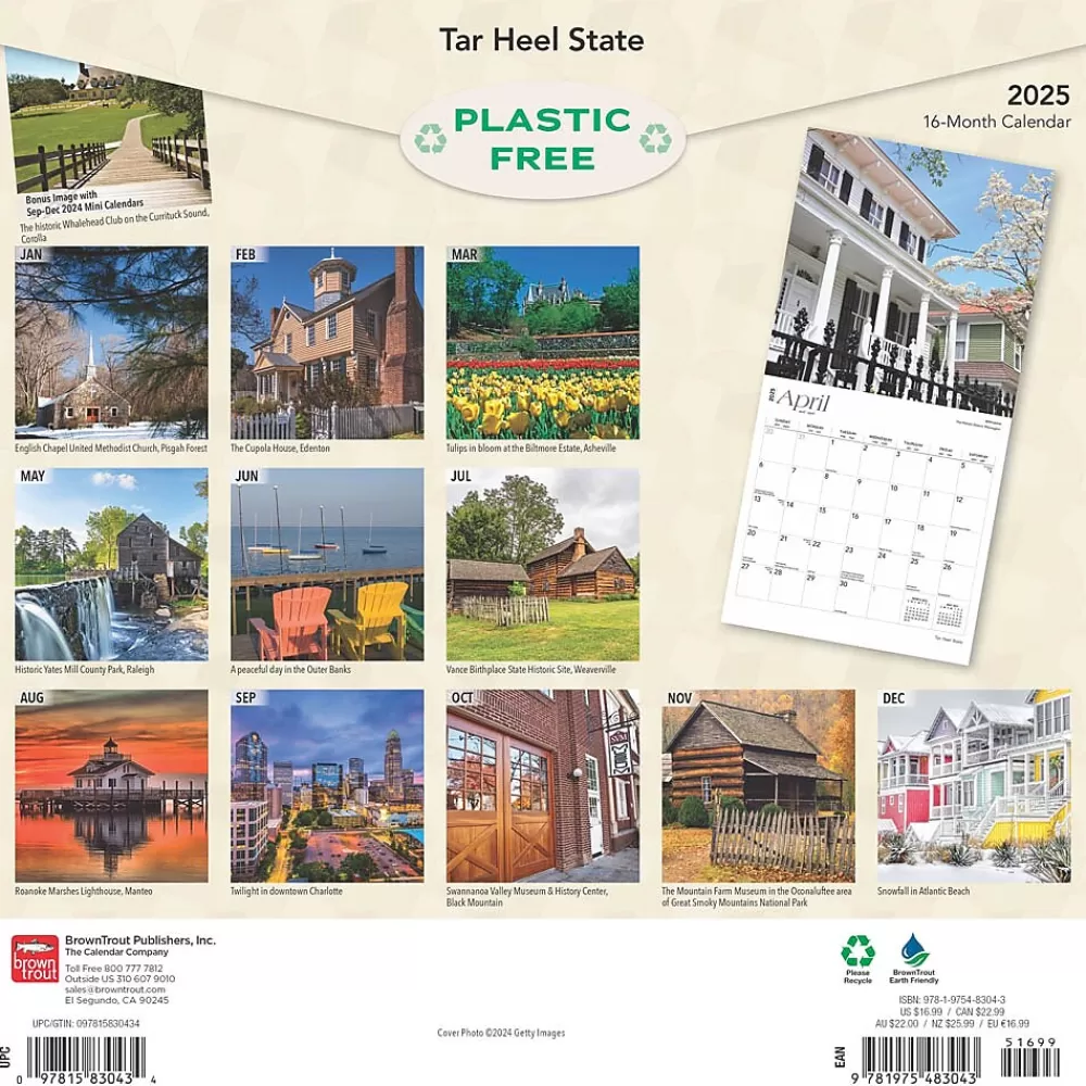 BrownTrout 2025 Calendars<2025 Tar Heel State North Carolina Places 12" x 12" Monthly Square Wall Calendar (9781975483043)