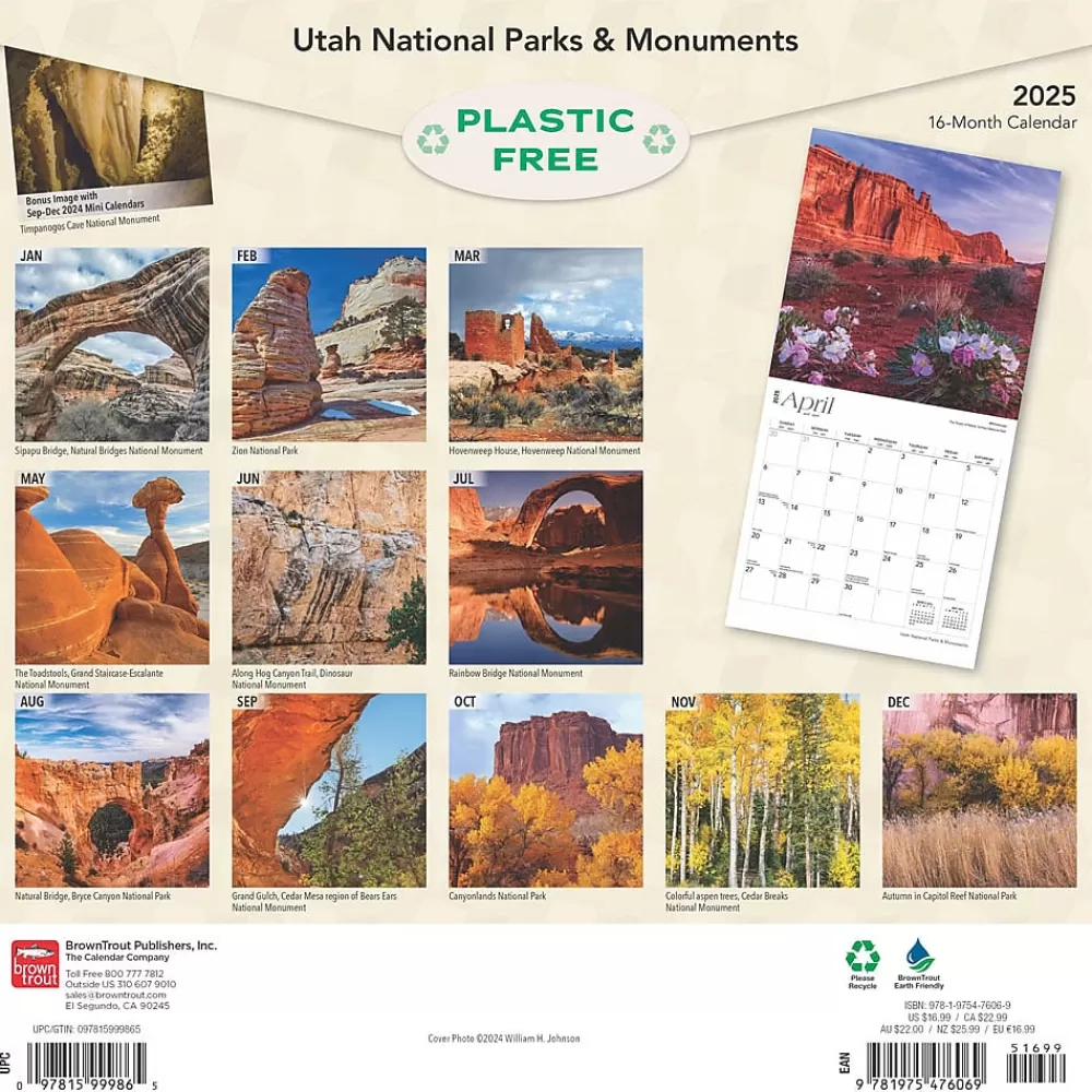 BrownTrout 2025 Calendars<2025 Utah National Parks & Monuments 12" x 12" Monthly Square Wall Calendar (9781975476069)