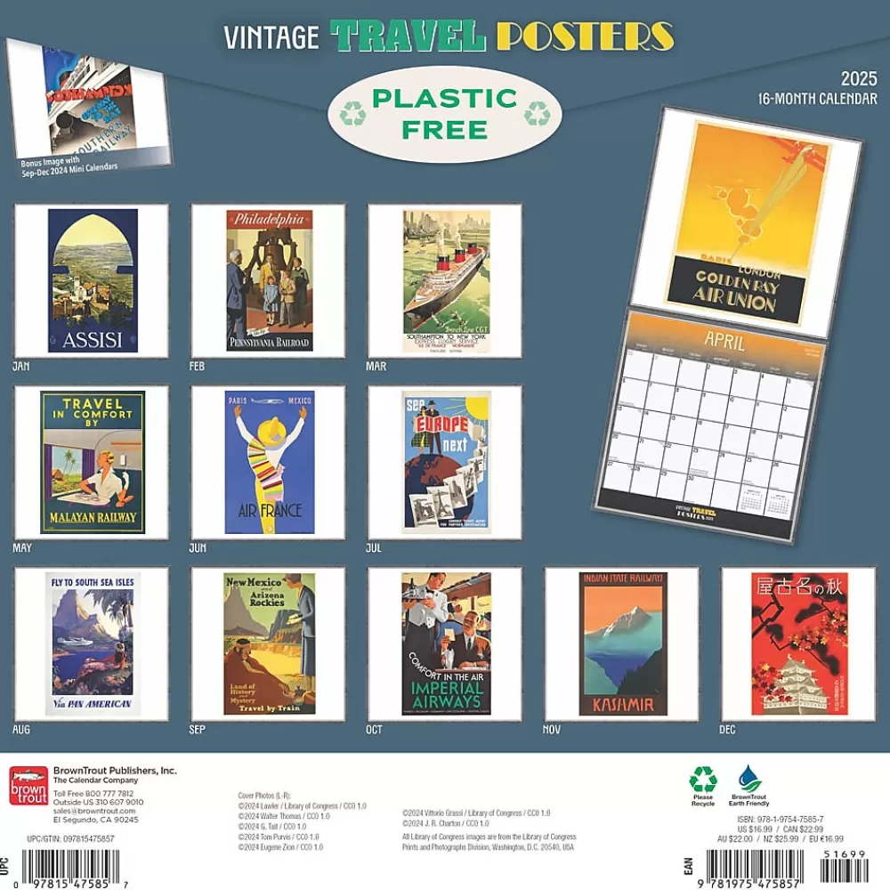 BrownTrout 2025 Calendars<2025 Vintage Travel Posters 12" x 12" Monthly Wall Calendar (9781975475857)