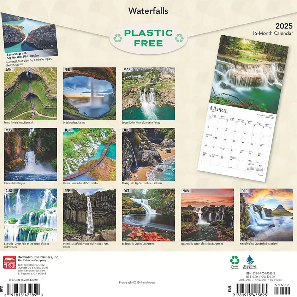 BrownTrout 2025 Calendars<2025 Waterfalls 12" x 12" Monthly Wall Calendar (9781975475895)