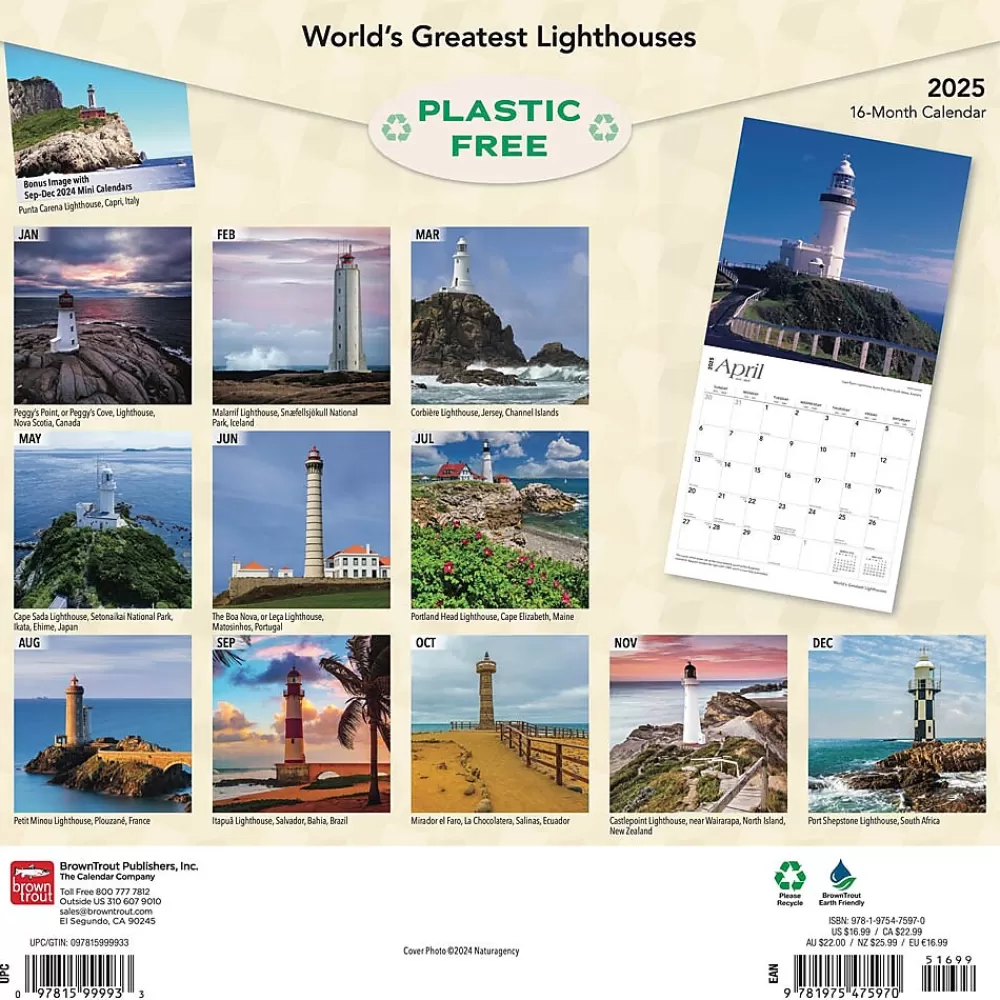 BrownTrout 2025 Calendars<2025 World's Greatest Lighthouses 12" x 24" Monthly Square Wall Calendar, (9781975475970)