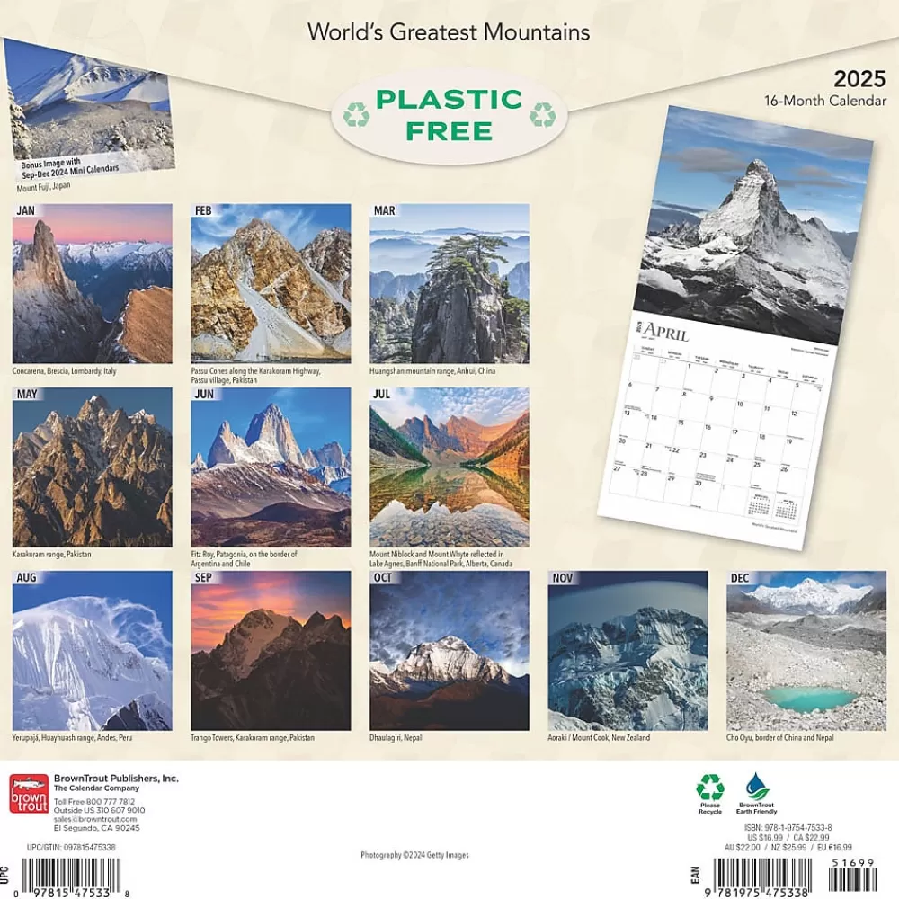 BrownTrout 2025 Calendars<2025 World's Greatest Mountains 12" x 12" Monthly Square Wall Calendar (9781975475338)