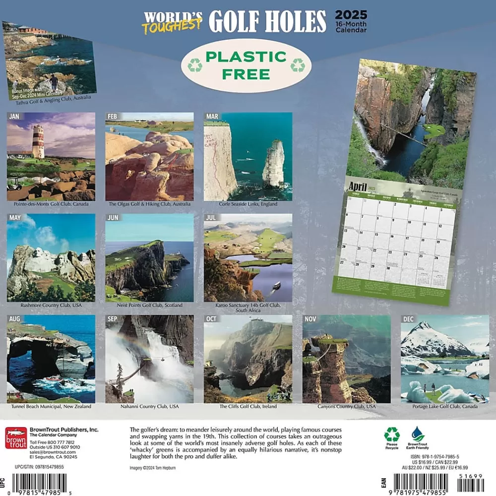 BrownTrout 2025 Calendars<2025 World's Toughest Golf Holes 12" x 24" Monthly Square Wall Calendar, (9781975479855)