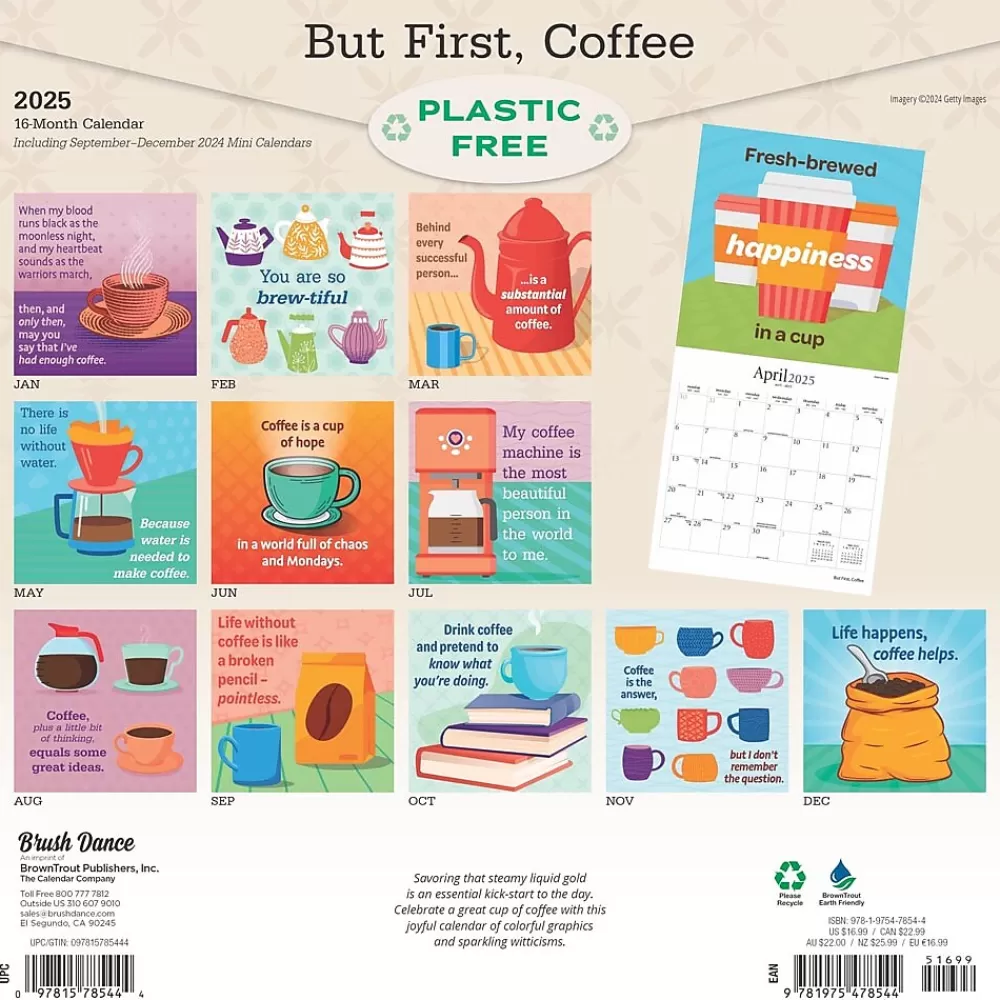 BrownTrout 2025 Calendars<2025 Brush Dance But First Coffee 12" x 24" Monthly Square Wall Calendar, (9781975478544)
