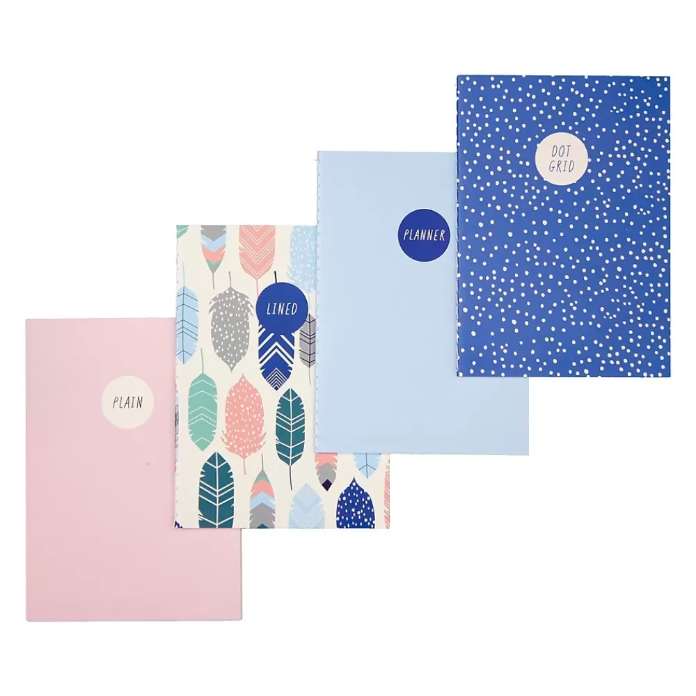 Carpe Diem Subject Notebooks<Feathers 1-Subject Notebooks, 4.1" x 5.8", 16 Sheets, Ruled, Assorted Colors, 4/Pack (9368-CD)