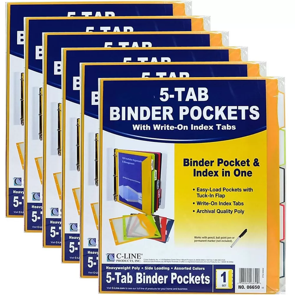 C-Line Dividers<Heavyweight Poly Binder Pocket with Write-On Tabs, Assorted Colors, 5/Pack, 6 Packs (CLI06650-6)