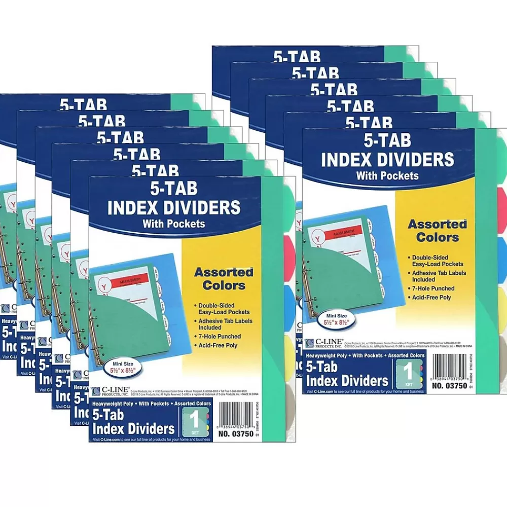 C-Line Dividers<Mini Size 5-Tab Poly Index Dividers, 5 Tabs, Assorted Colors, 5/Pack, 12 Packs (CLI03750-12)