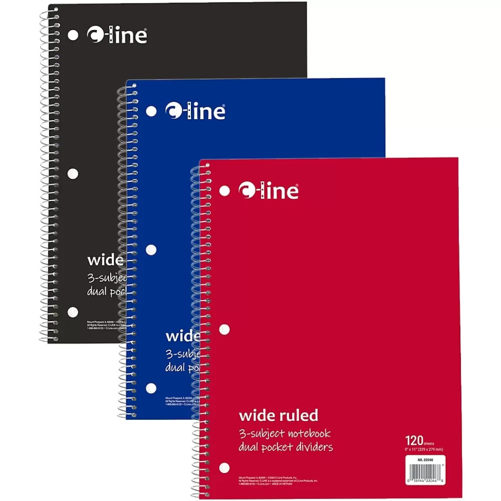 C-Line Subject Notebooks<3-Subject Notebooks, Wide Ruled, 120 Sheets, Assorted Colors, 3/Bundle (CLI22046-3)