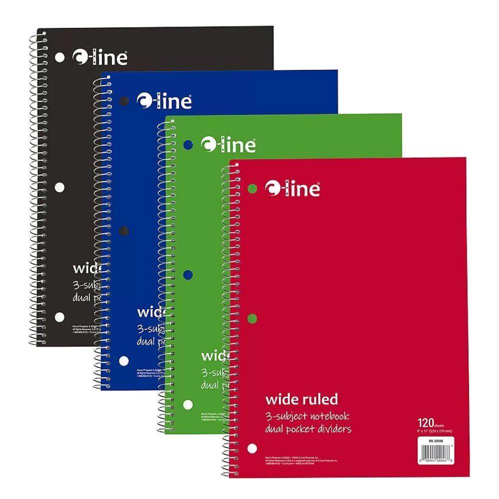 C-Line Subject Notebooks<3-Subject Notebooks, Wide Ruled, 120 Sheets, Assorted Colors, 3/Bundle (CLI22046-3)